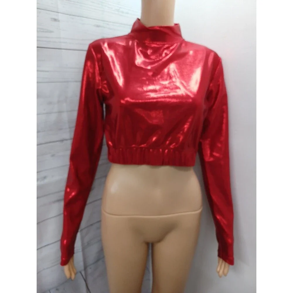 GTM Sportswear Mock Neck Long Sleeve Crop Top Red Shinny Youth L NWT